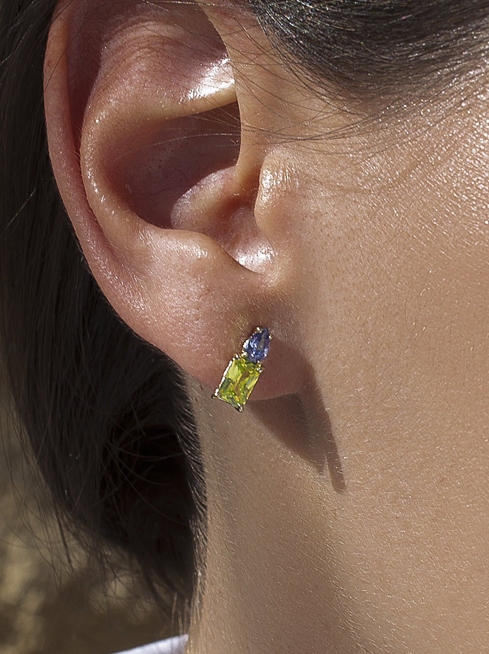 Small earrings with lime and lavender-toned gemstones
