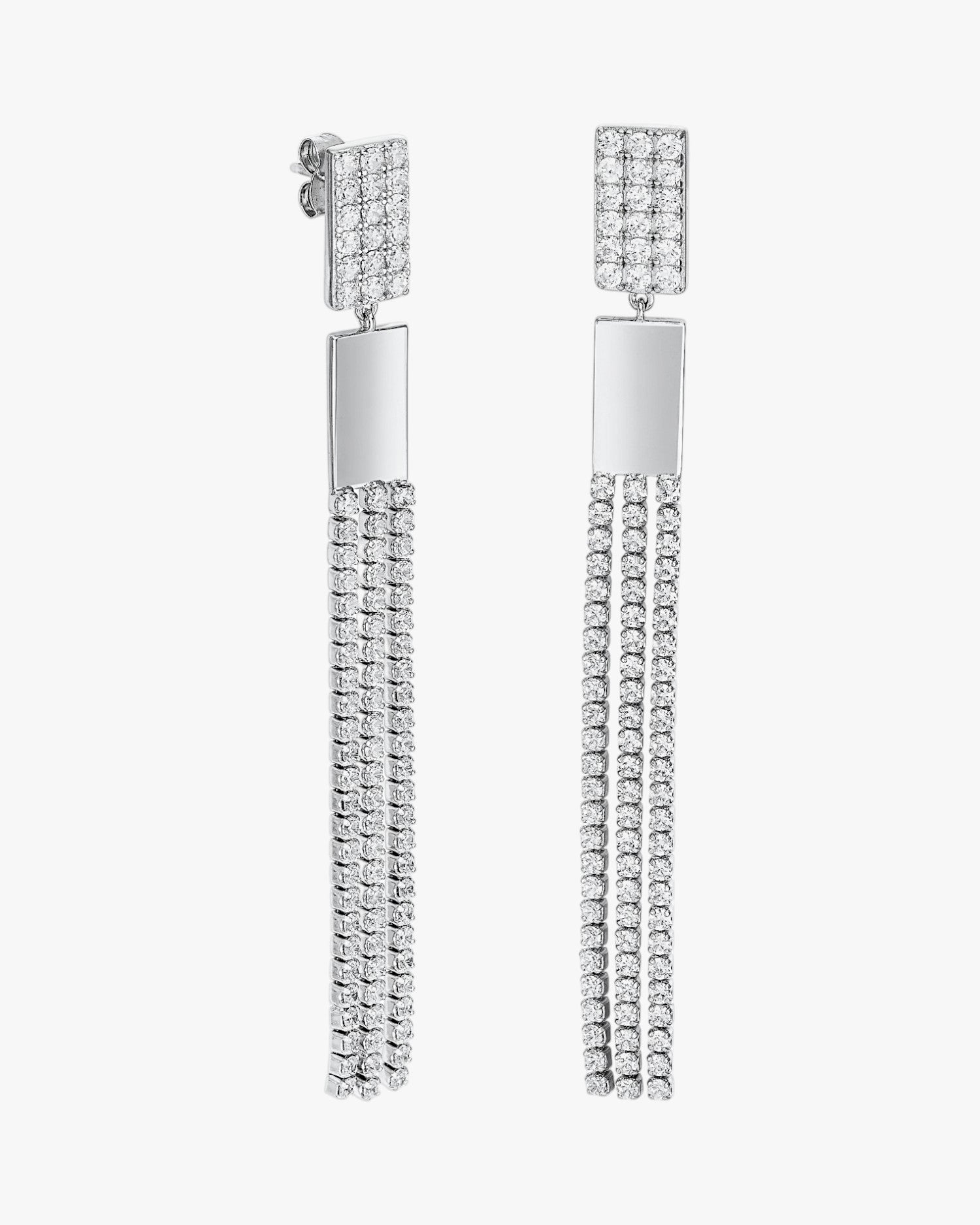 Pendientes largos de plata con tres tiras de circonitas