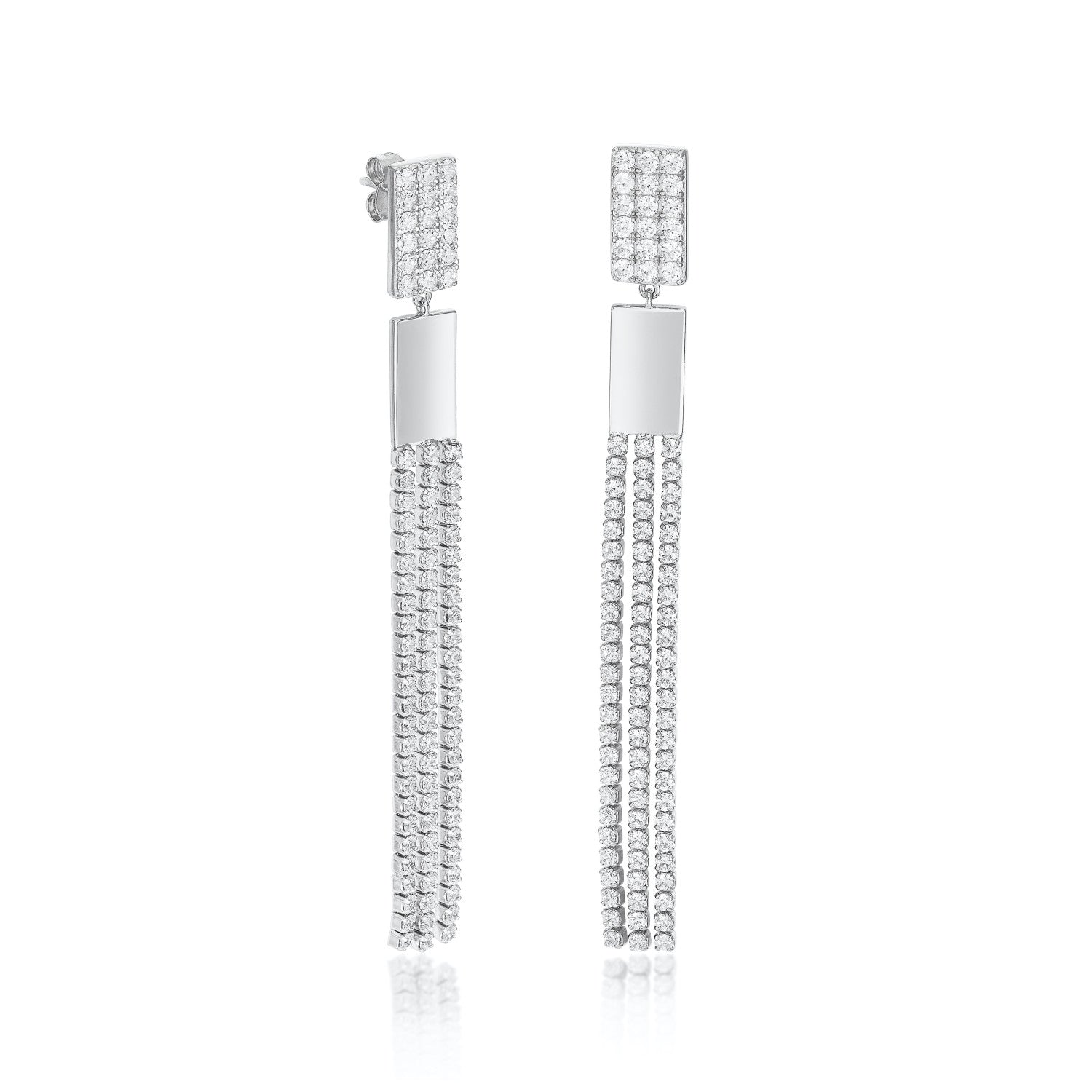 Longues boucles d'oreilles en argent avec trois rangs de zirconiums cubiques