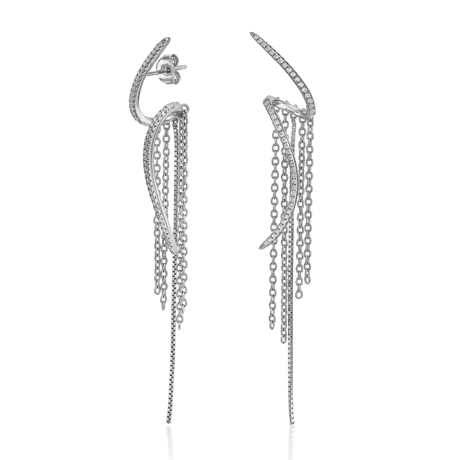 Longues boucles d'oreilles argent design s'enroulent avec de rideau de chaînes