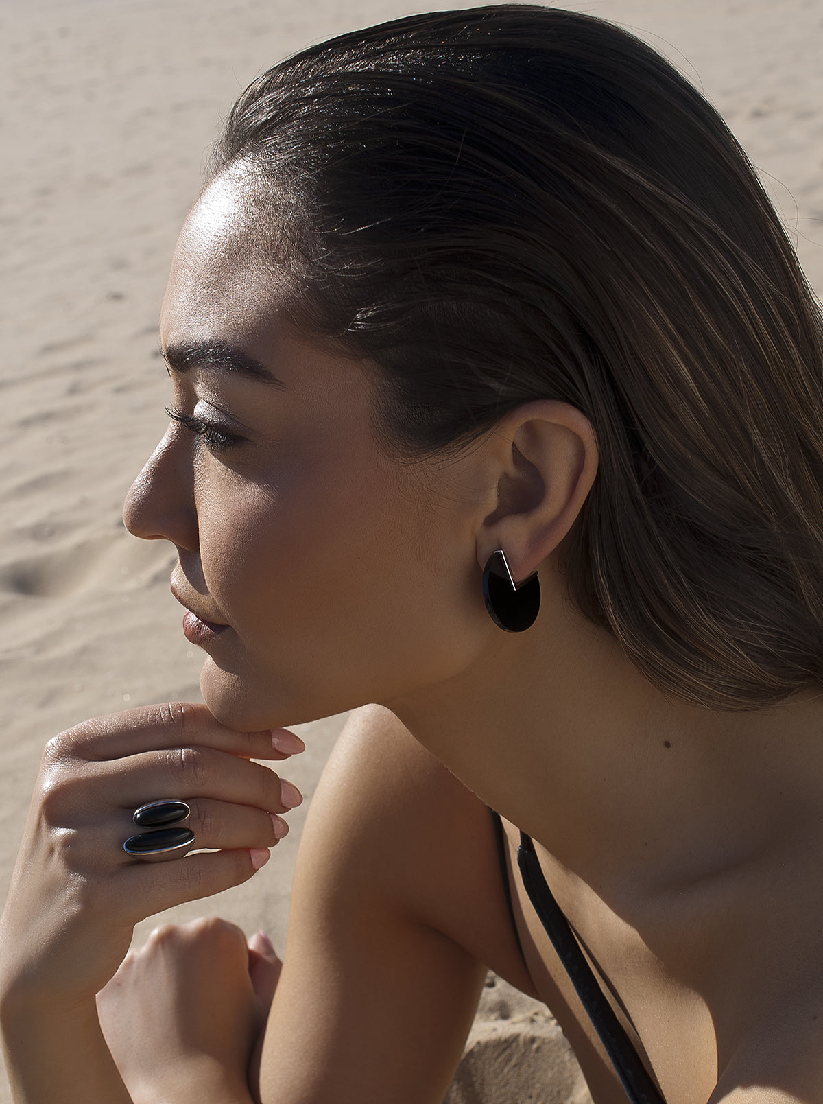 Onyx stone earrings in a 3/4 circle