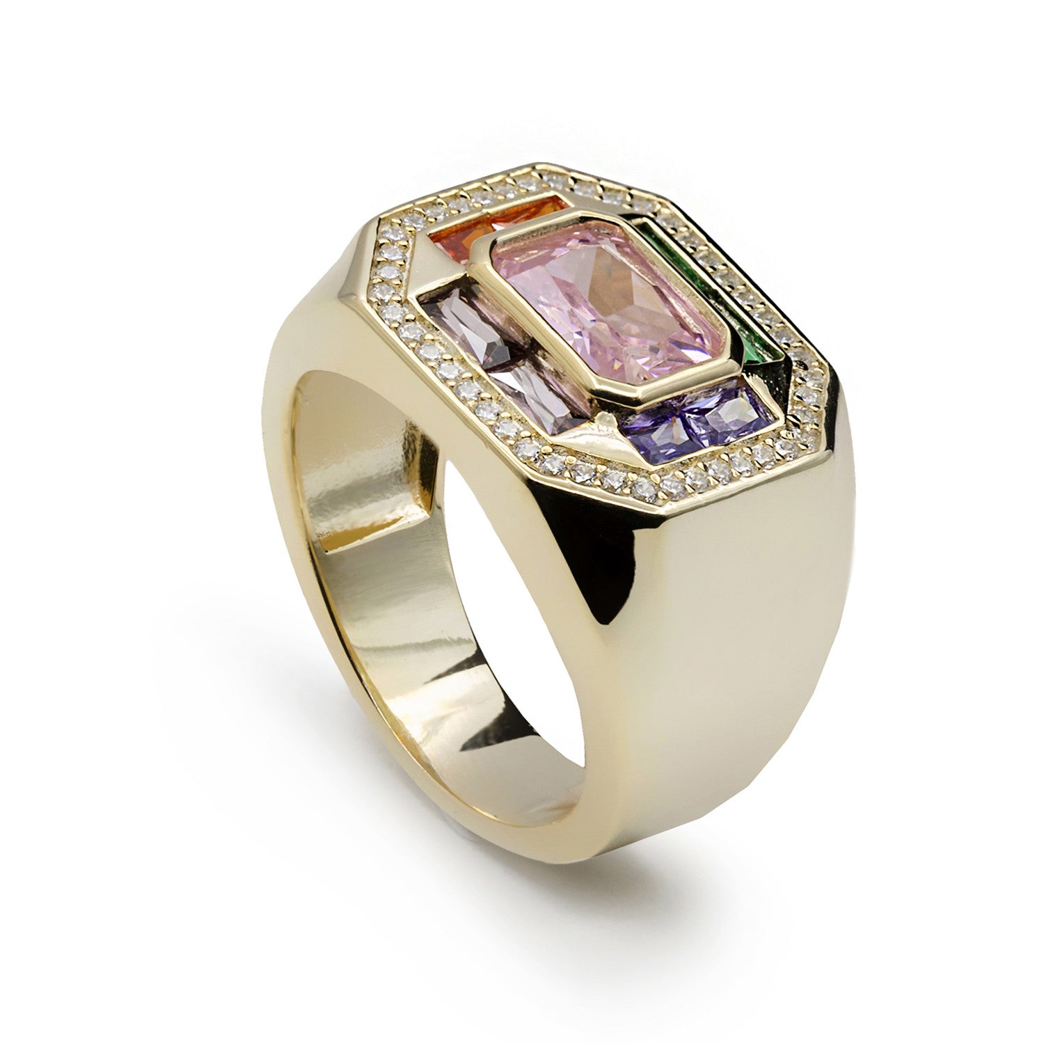 Bagues serties de pierres, avec une gemme centrale de couleur lavande.