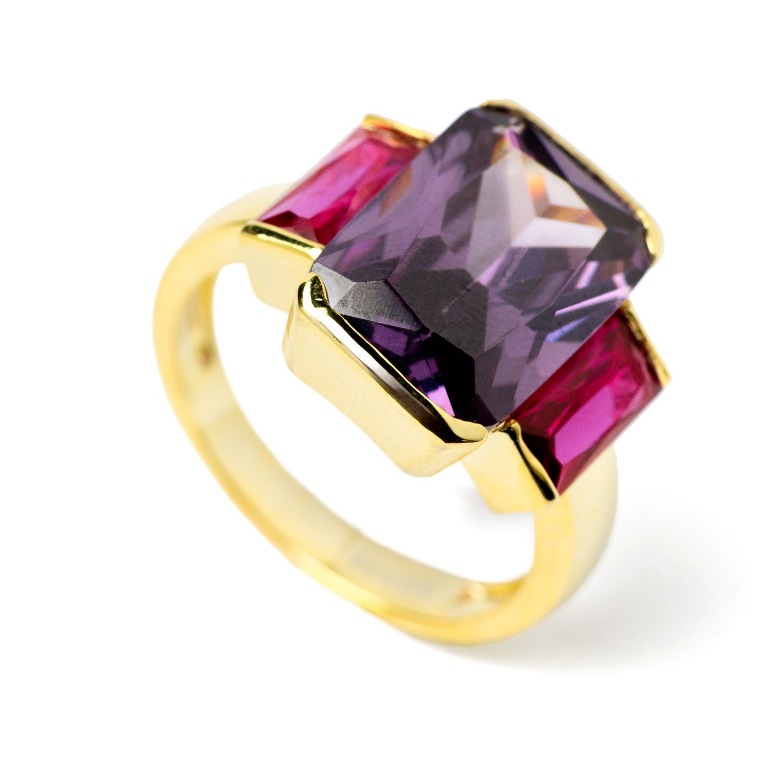 Anillo con piedras de plata bañado en oro en colores amatista y rubíes