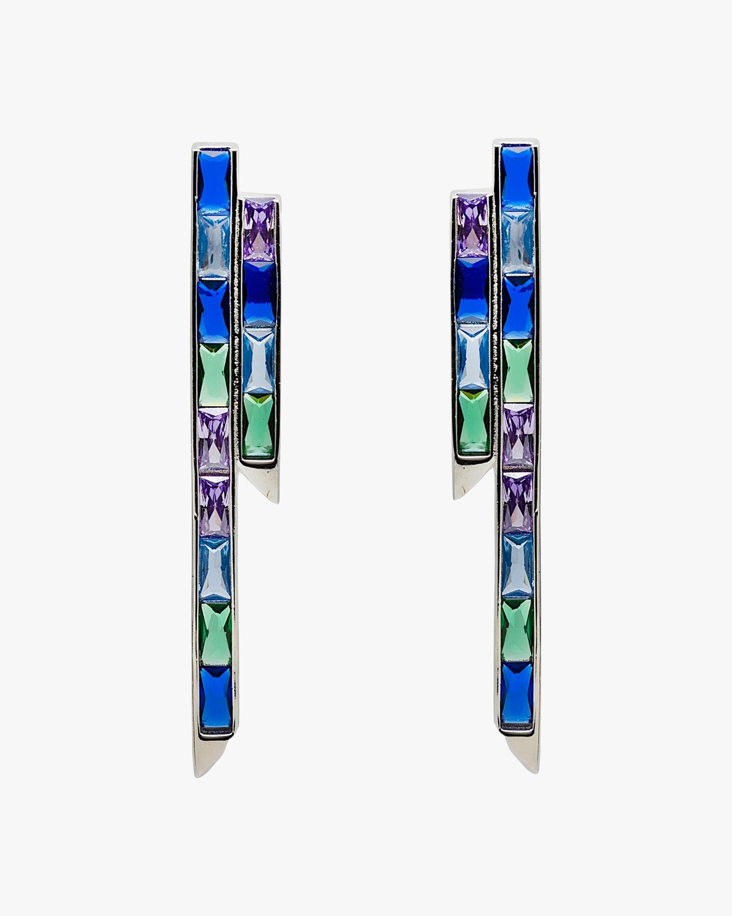 Long earrings with blue-toned gems in a geometric style