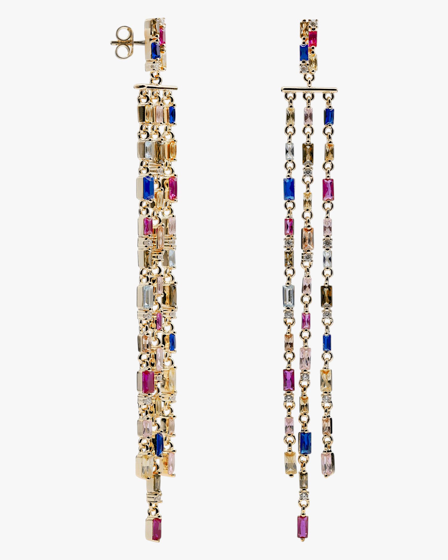 Pendientes largosde plata con gemas multicolor estilo cortina
