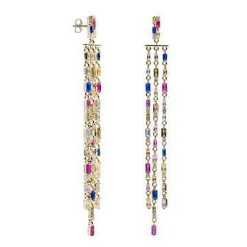 Pendientes largosde plata con gemas multicolor estilo cortina