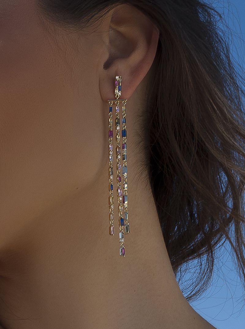 Pendientes largosde plata con gemas multicolor estilo cortina
