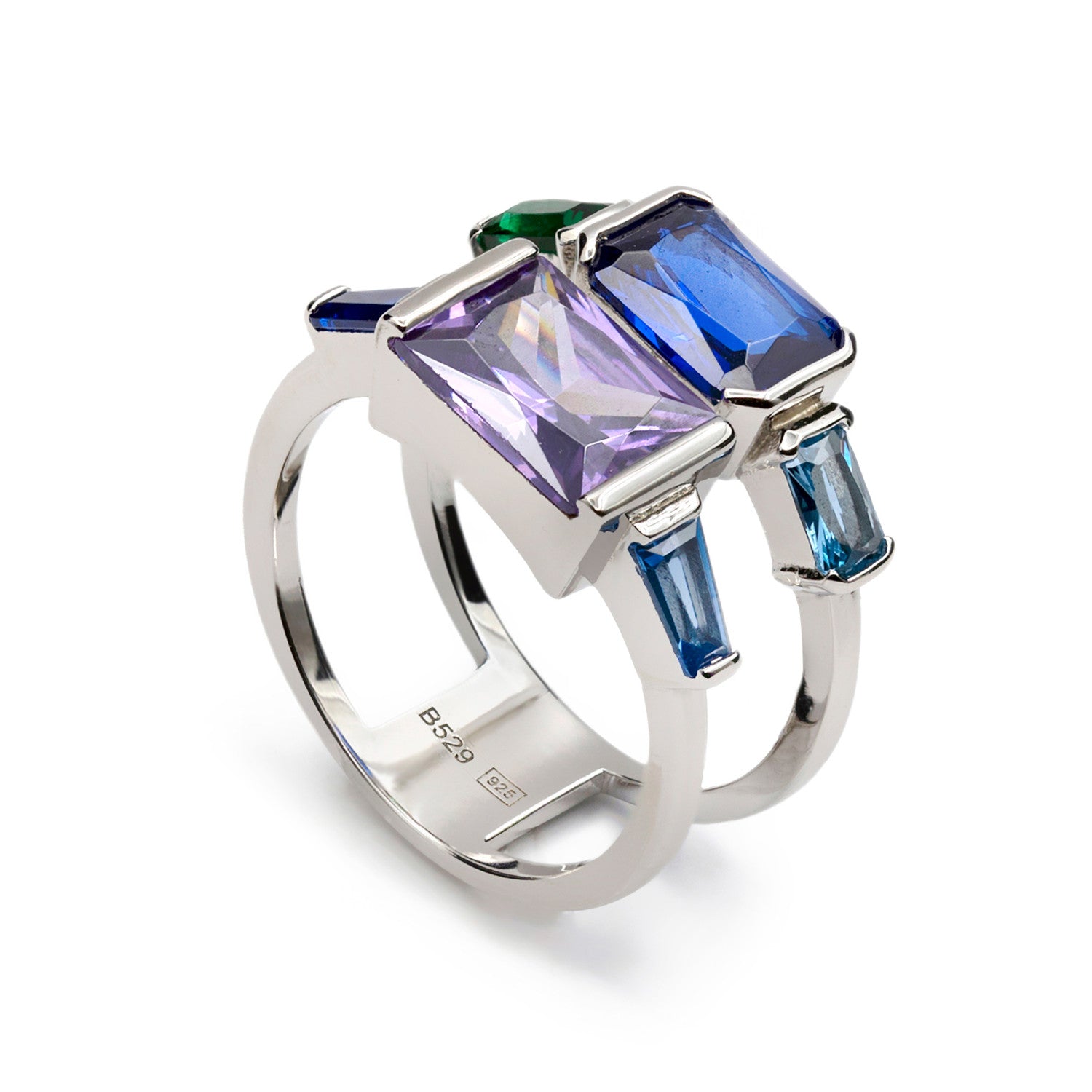 Anillo con piedras tonos azules diseño doble anillo