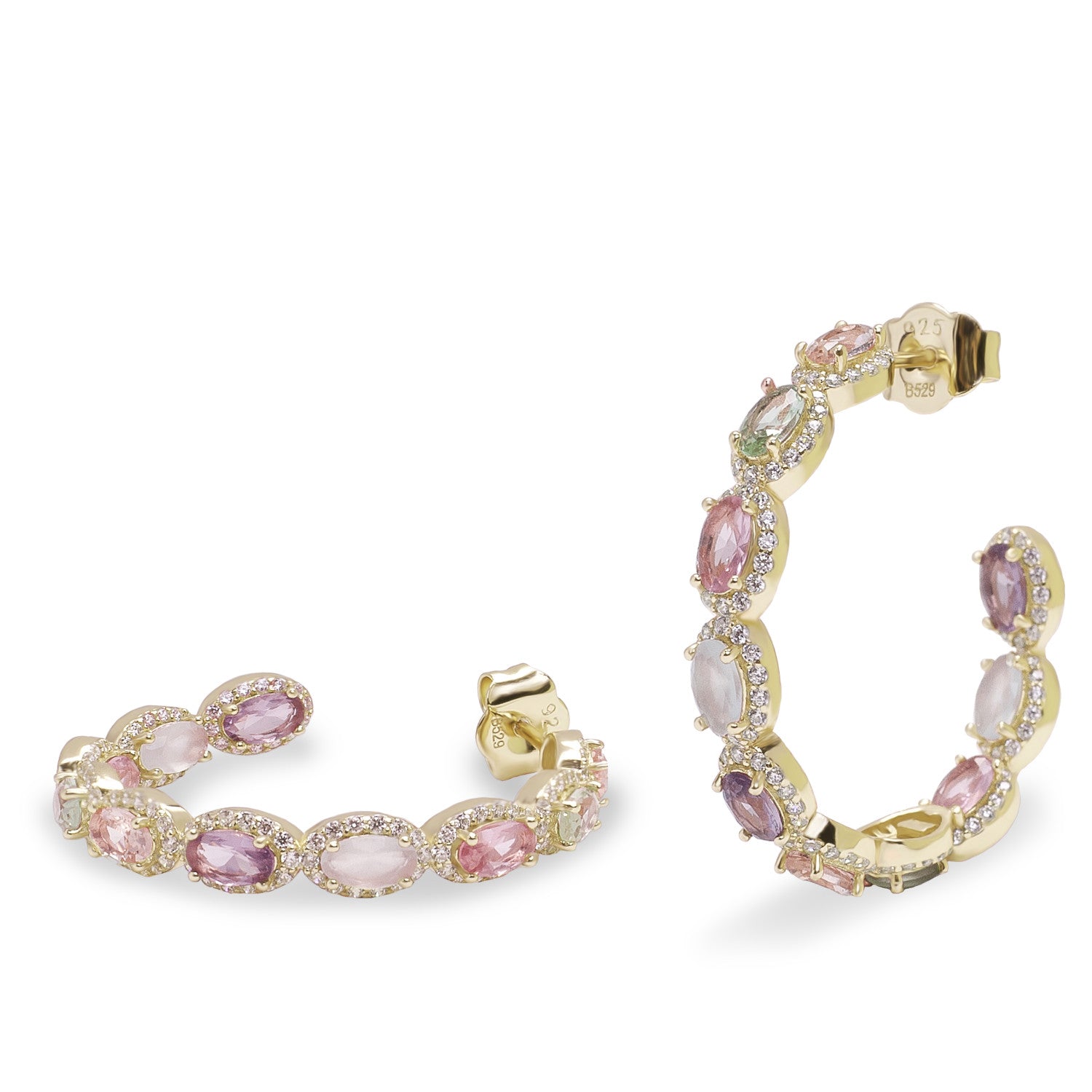 Boucles d'oreilles créoles ornées de pierres roses et de zirconiums cubiques