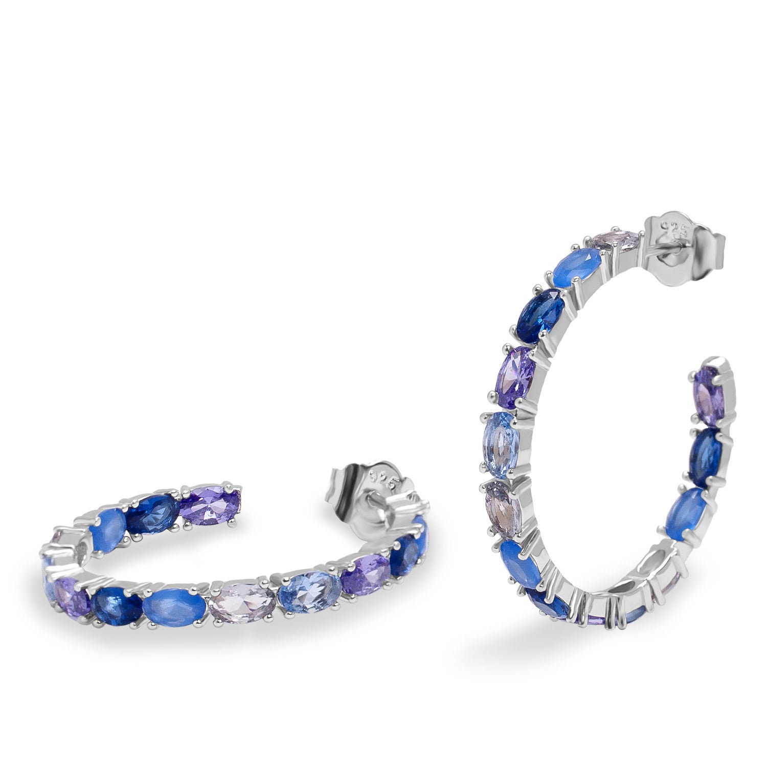 Pendientes aro con piedras en tonos azules de talla oval