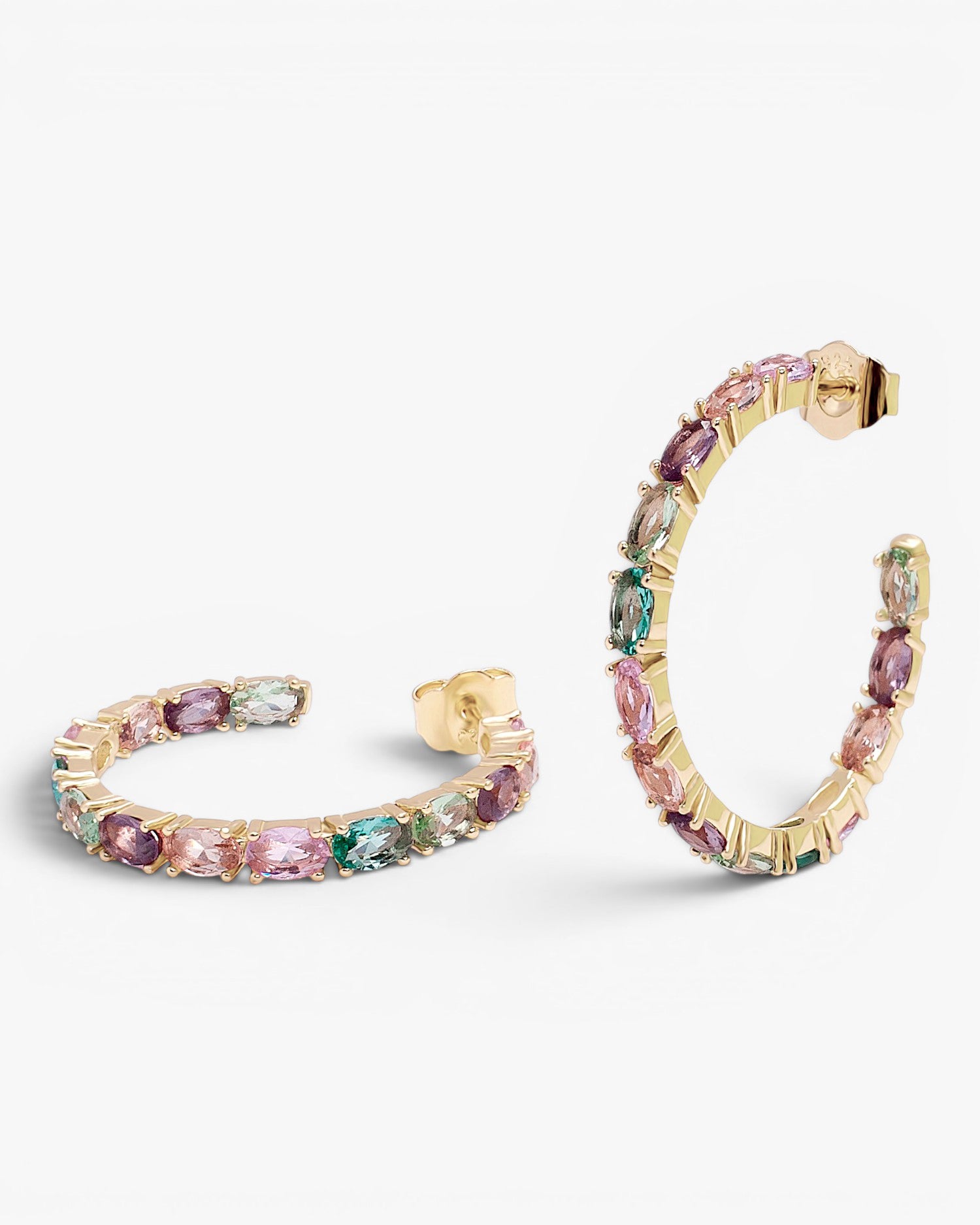 Pendientes aro de plata con piedras en tonos rosas de talla oval