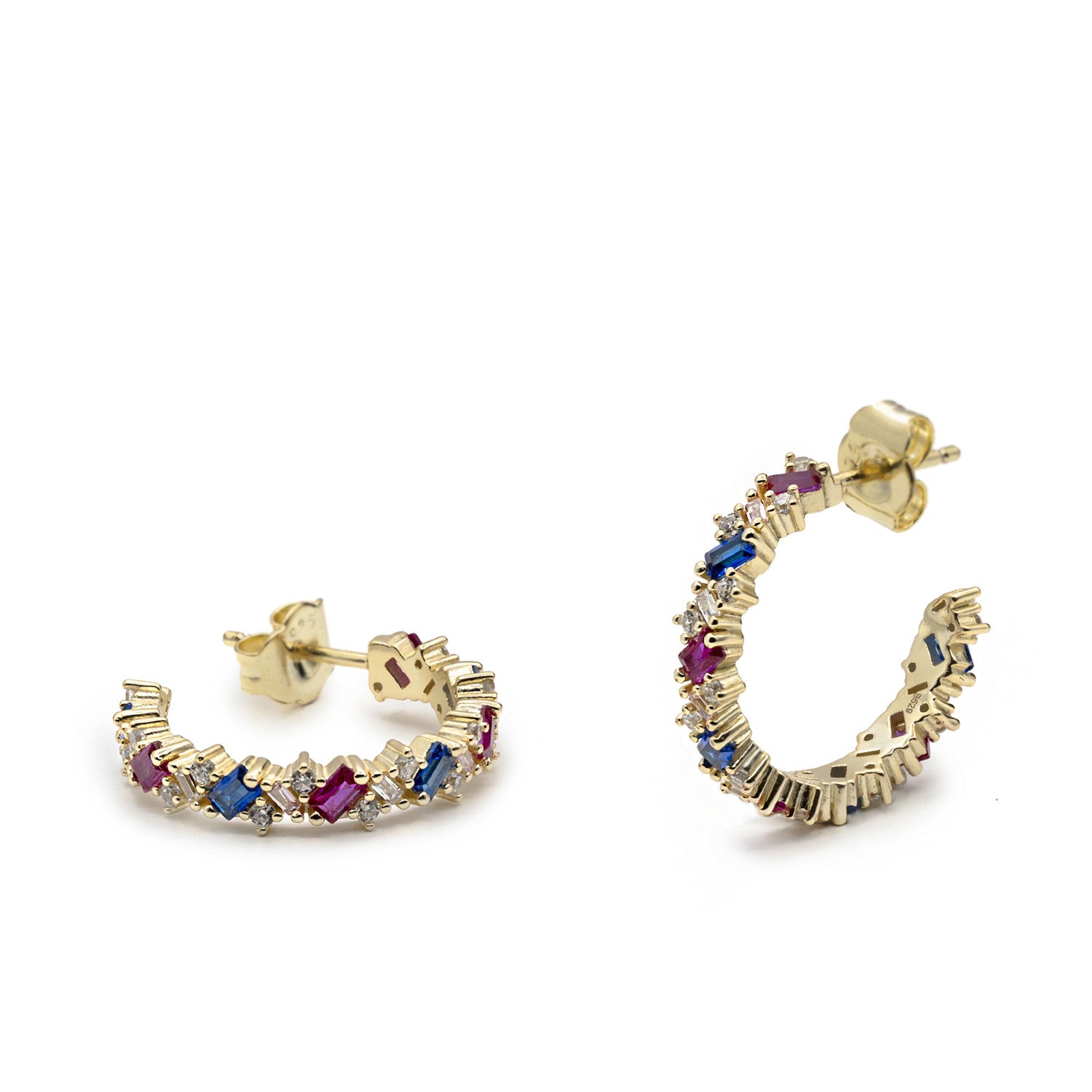 Gold-plated silver hoop earrings with multicolored gemstones