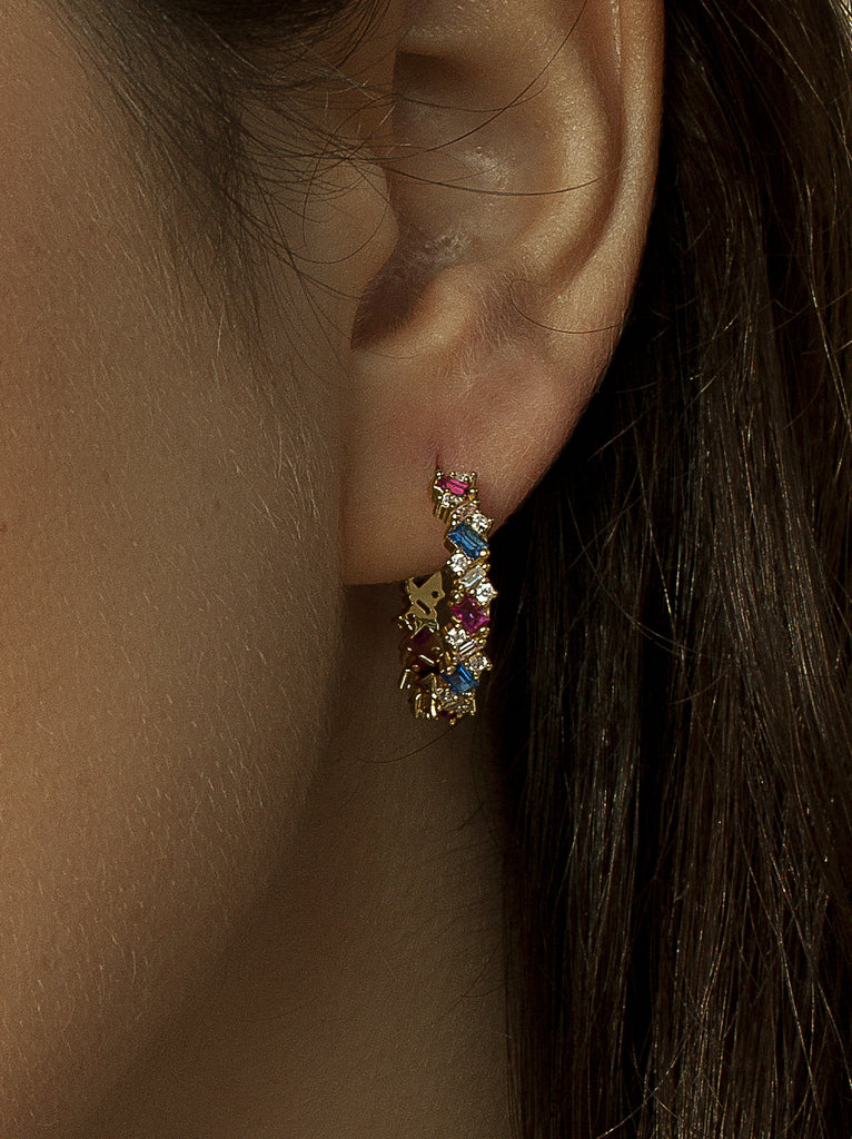 Gold-plated silver hoop earrings with multicolored gemstones