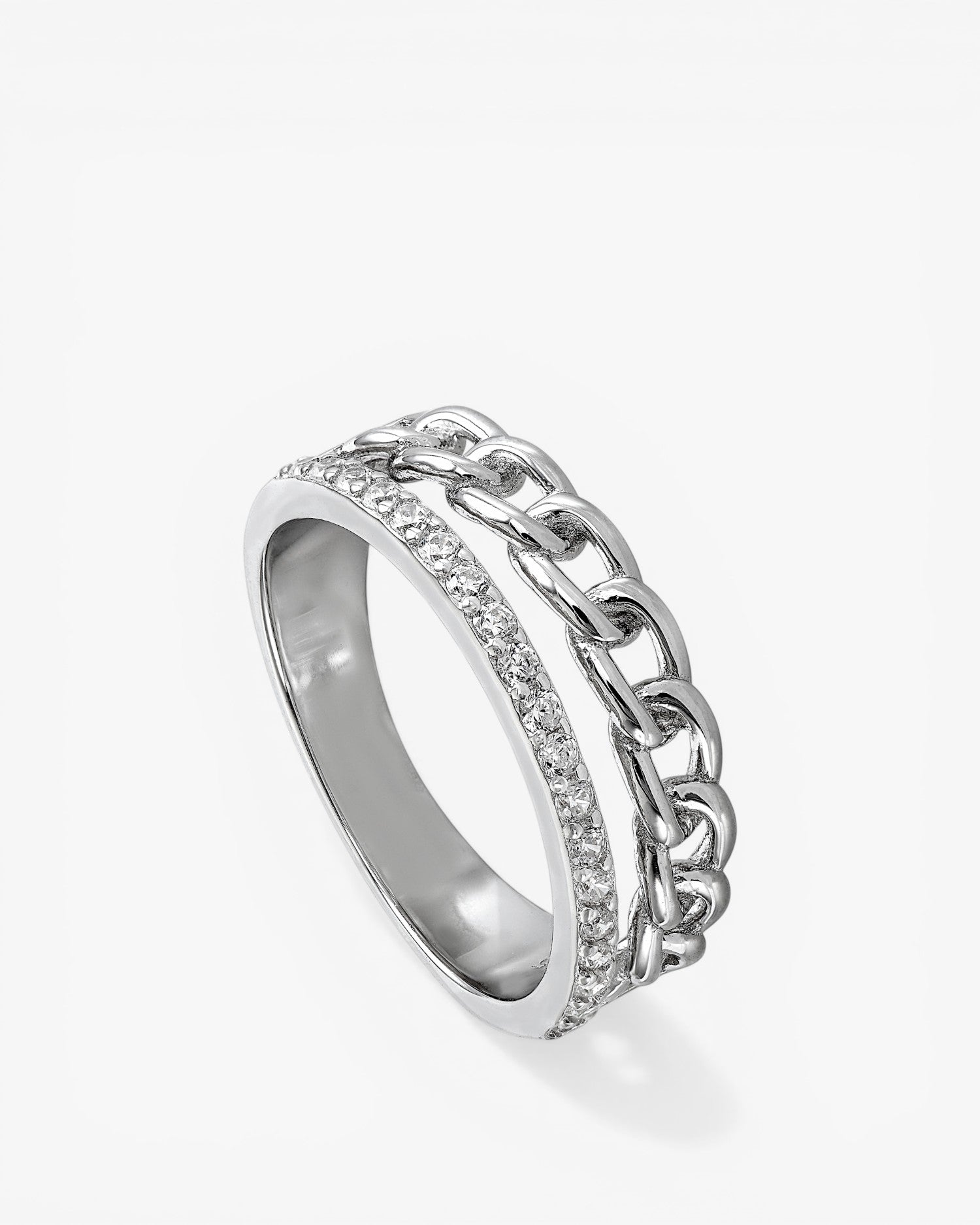Anillo de plata doble rail en circonita y diseño eslabon