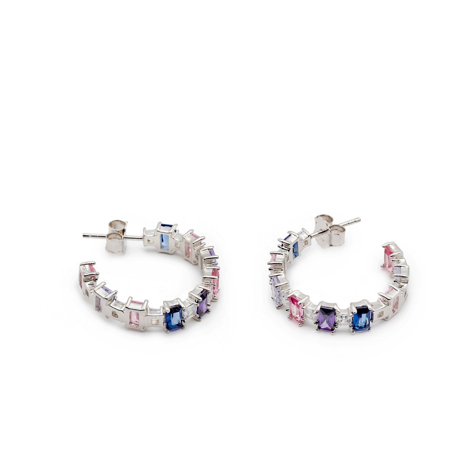 Hoop earrings with blue and purple colored stones