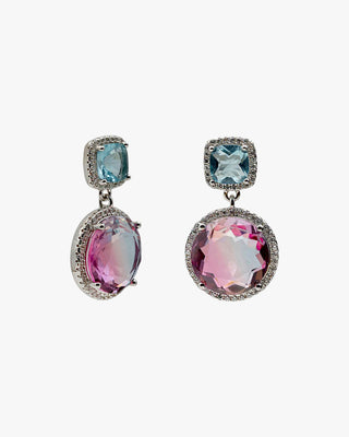 Earrings with colored stones in shades of blue and fuchsia