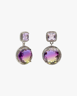 Earrings with colored stones in amethyst and yellow tones