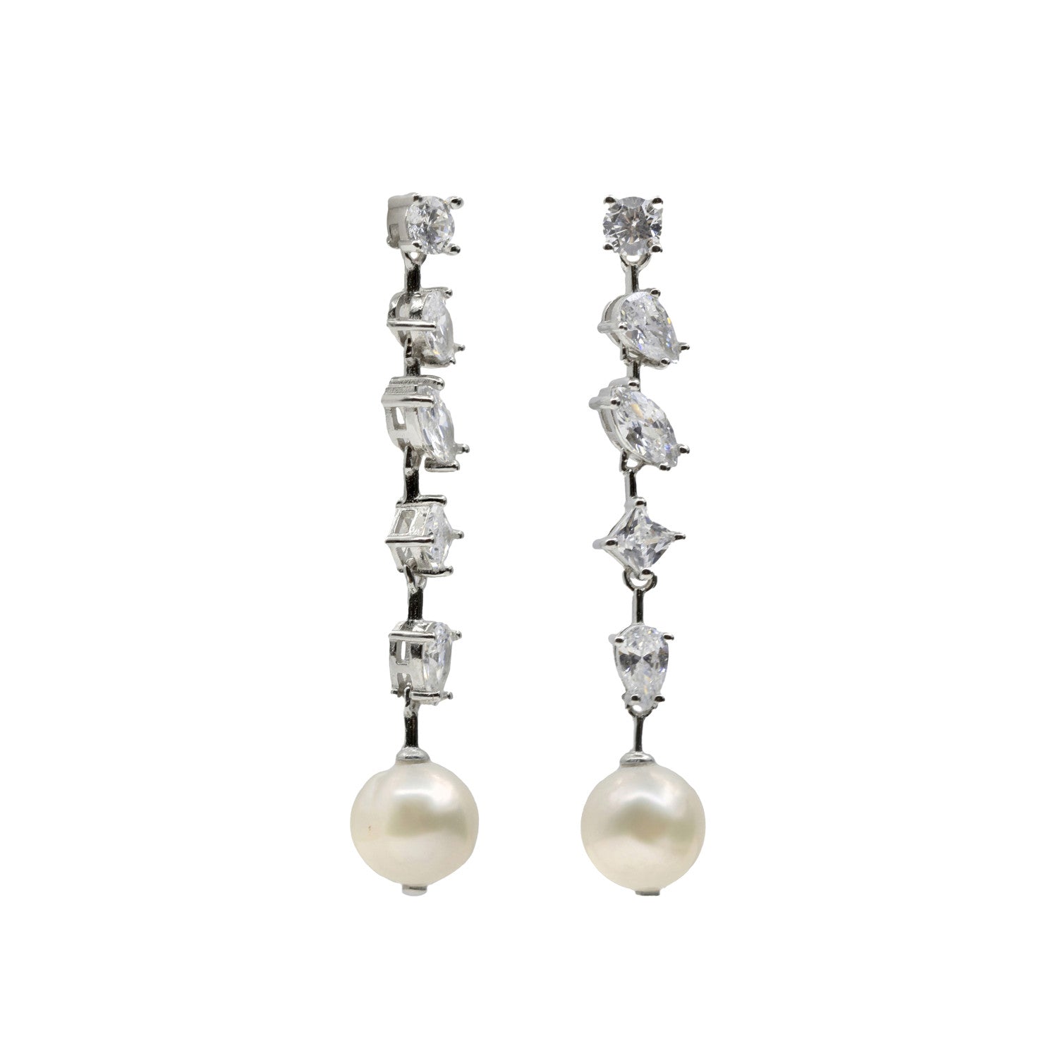 Pendientes novia de plata largos con circonitas irregulares y perla