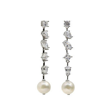 Pendientes novia de plata largos con circonitas irregulares y perla