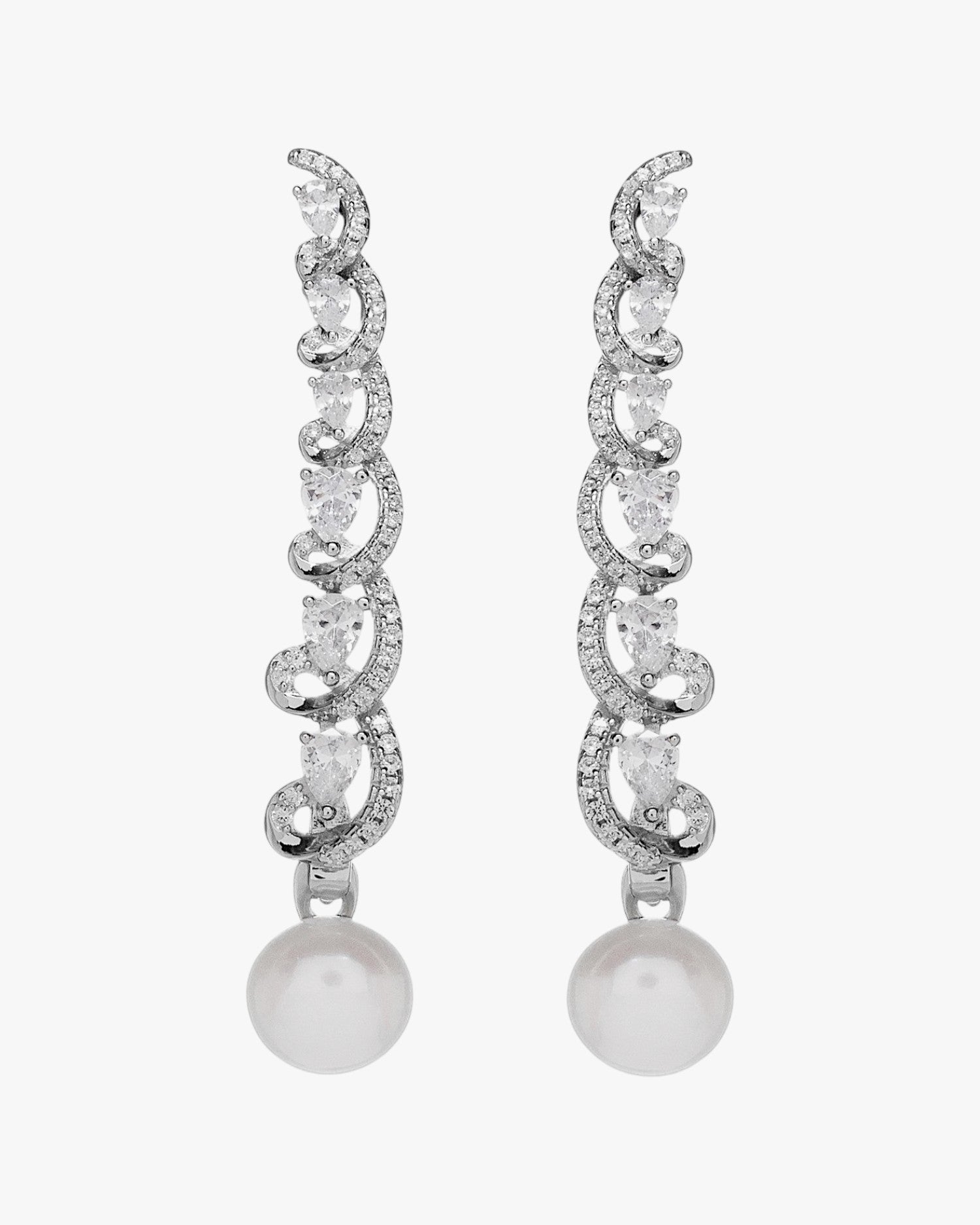 Sterling silver long earrings with pearl and white zircons