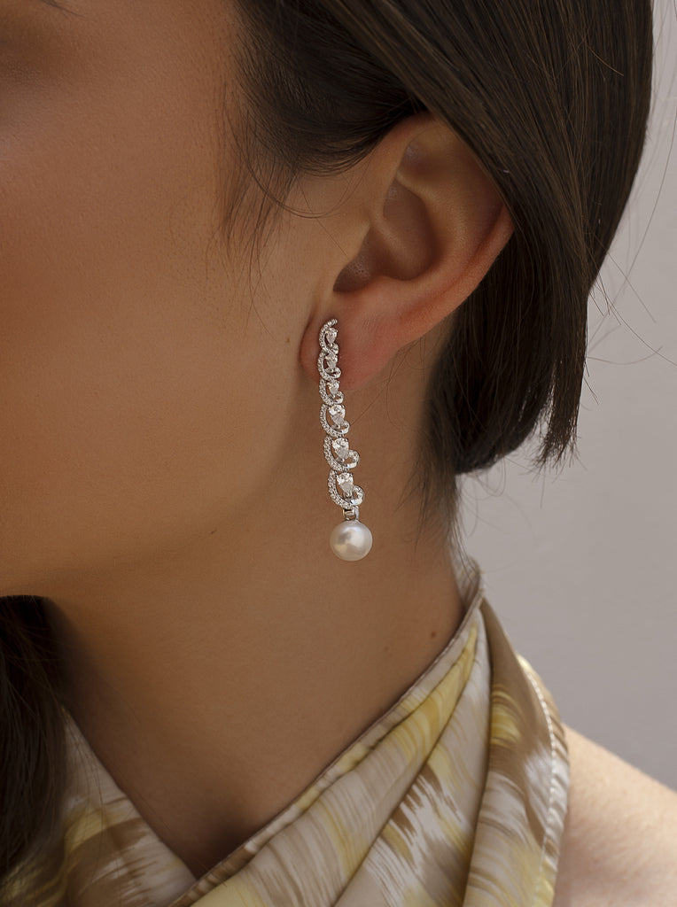 Sterling silver long earrings with pearl and white zircons