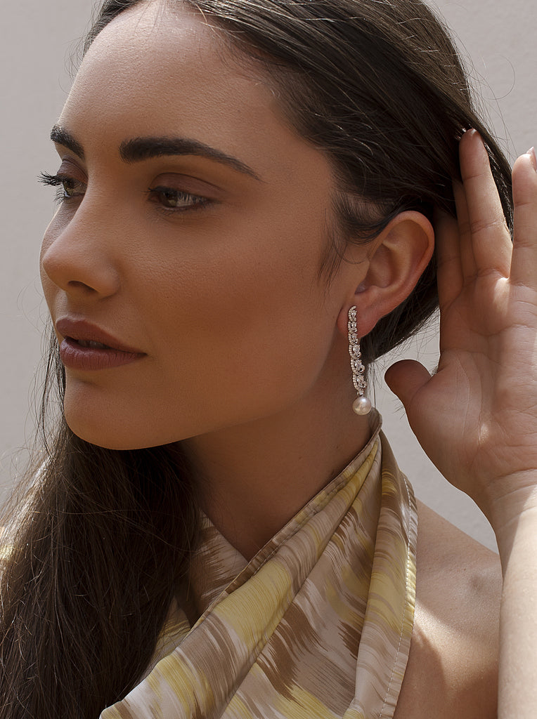 Sterling silver long earrings with pearl and white zircons