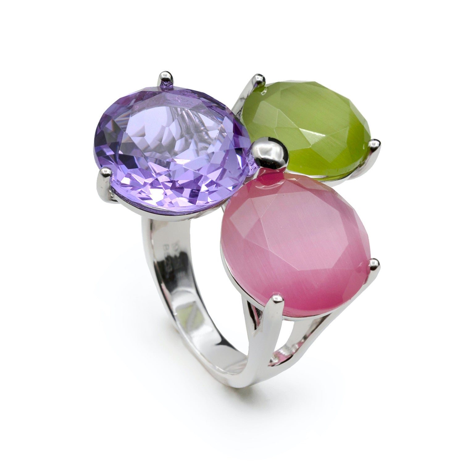 Anillo de plata con tres piedras multicolor