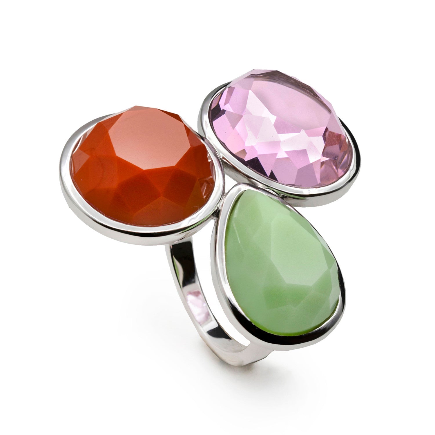 Anillo de plata con tres piedras en tonos vibrantes
