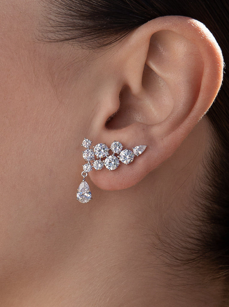 Silver bridal climber earring with dangling cubic zirconia