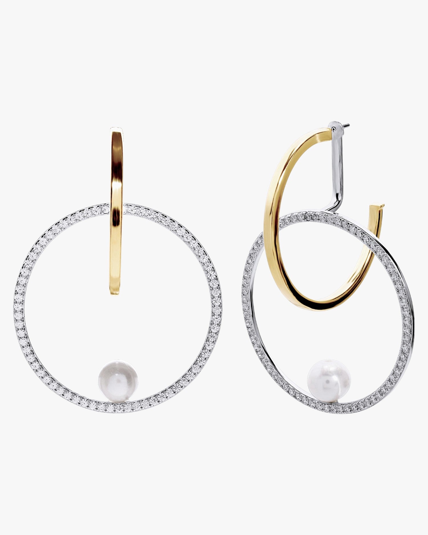 Pendientes bicolor de plata doble aro con perla