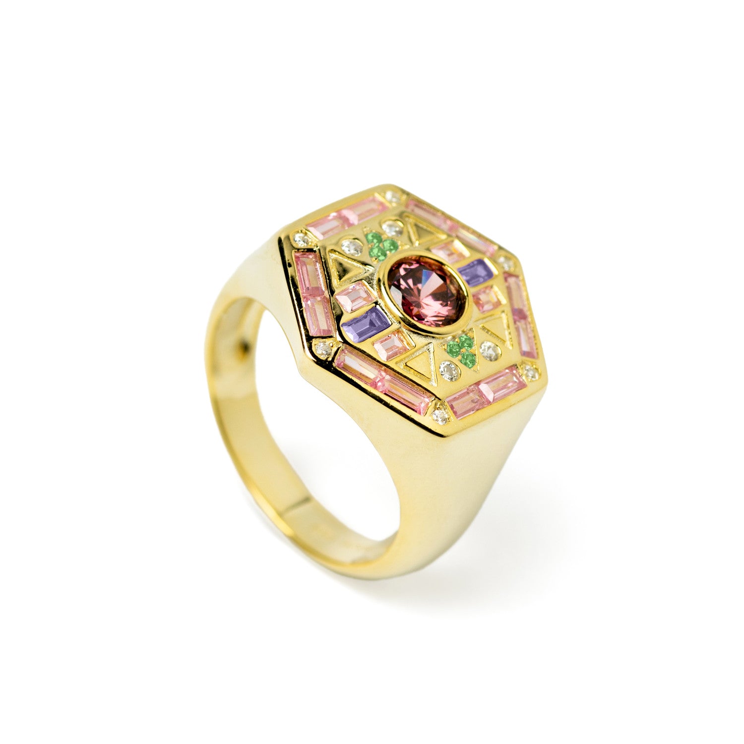 Anillos con piedras tono rosa diseño hexagonal