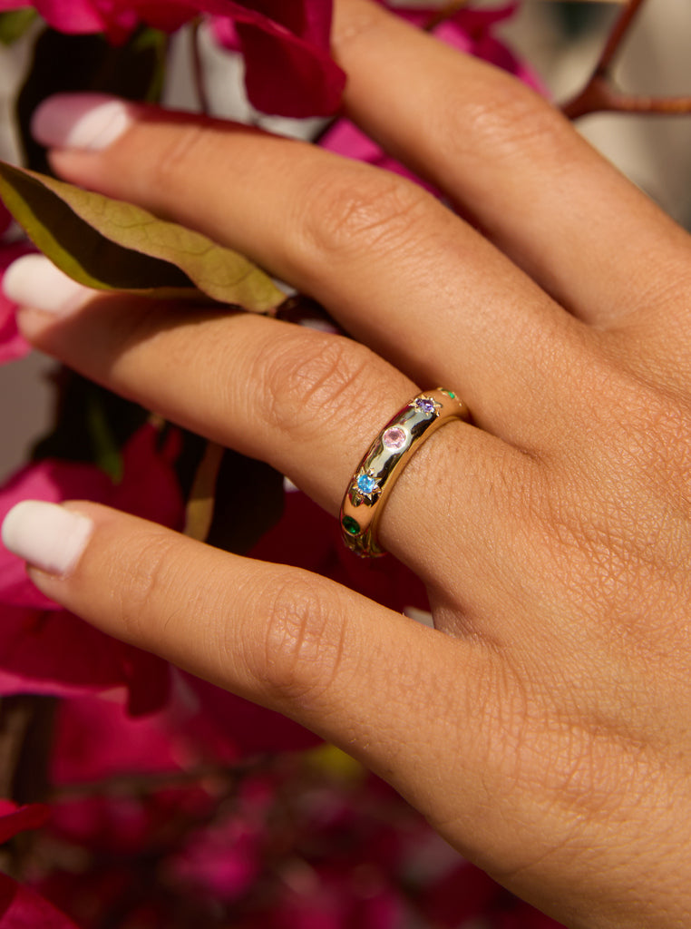 Gold-plated silver ring with colored gemstones