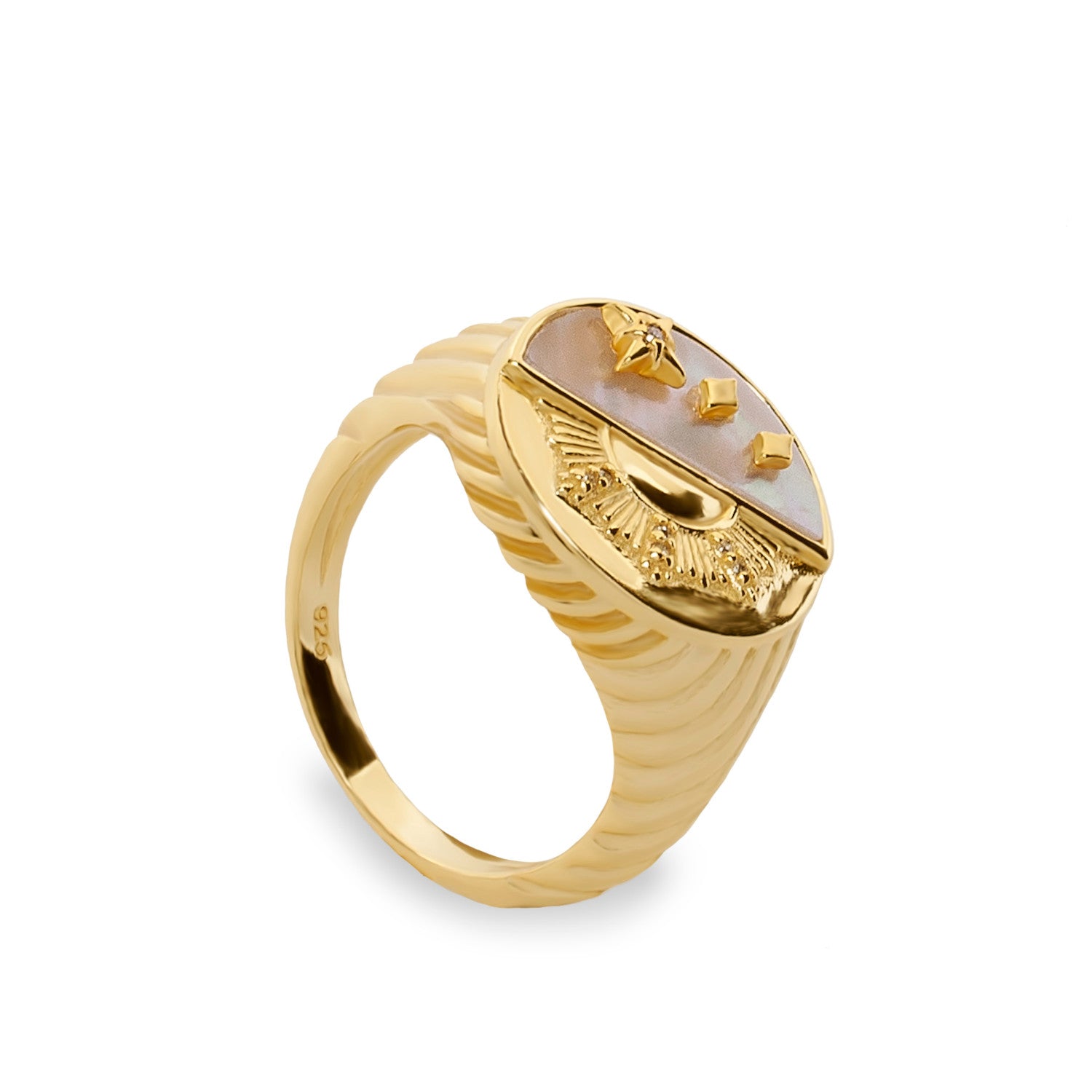 Anillo sello de plata diseño celestial combinado con nácar