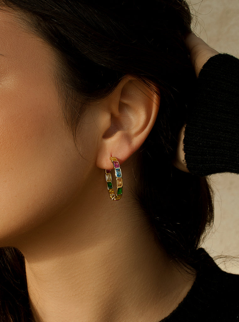 Pendientes aros de plata con gemas multicolor talla esmeralda