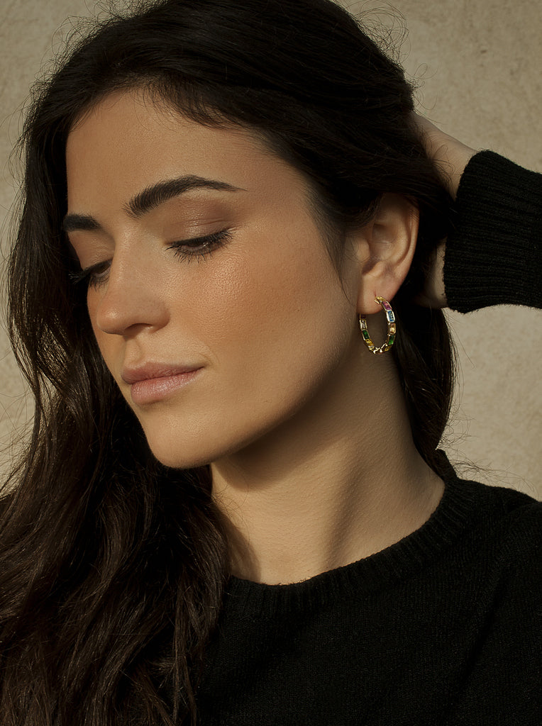 Pendientes aros de plata con gemas multicolor talla esmeralda