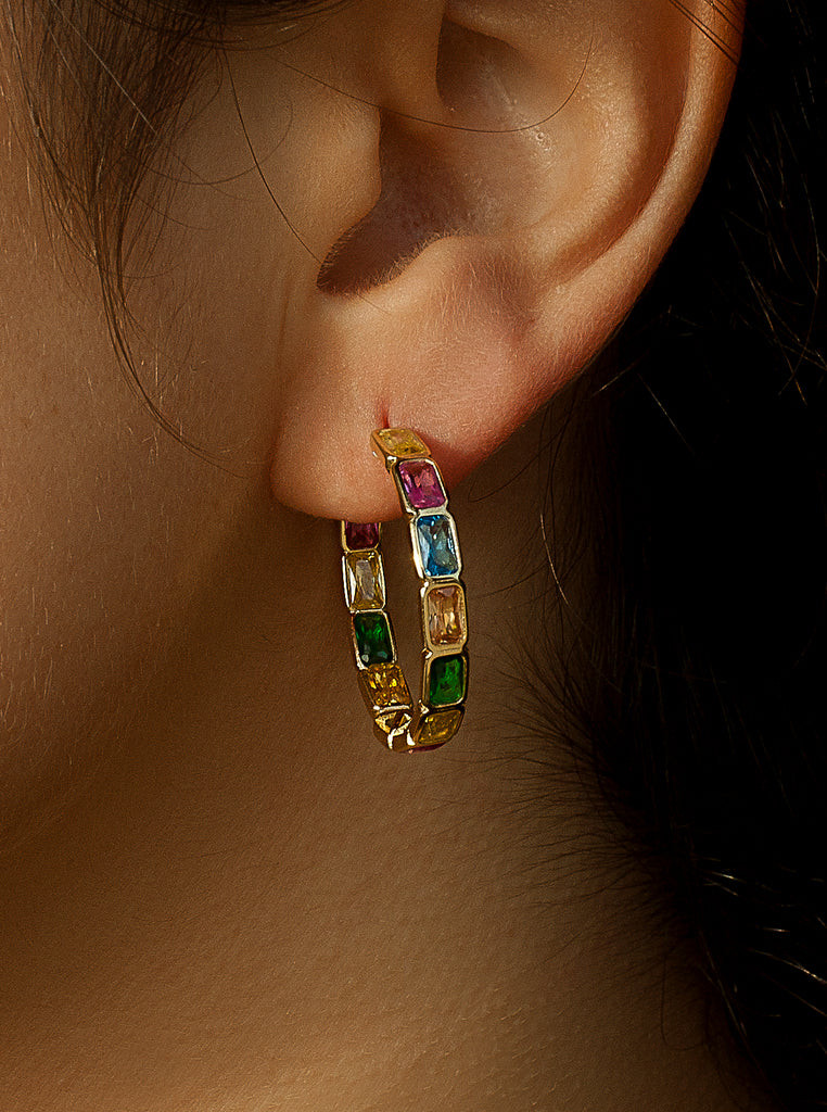 Pendientes aros de plata con gemas multicolor talla esmeralda