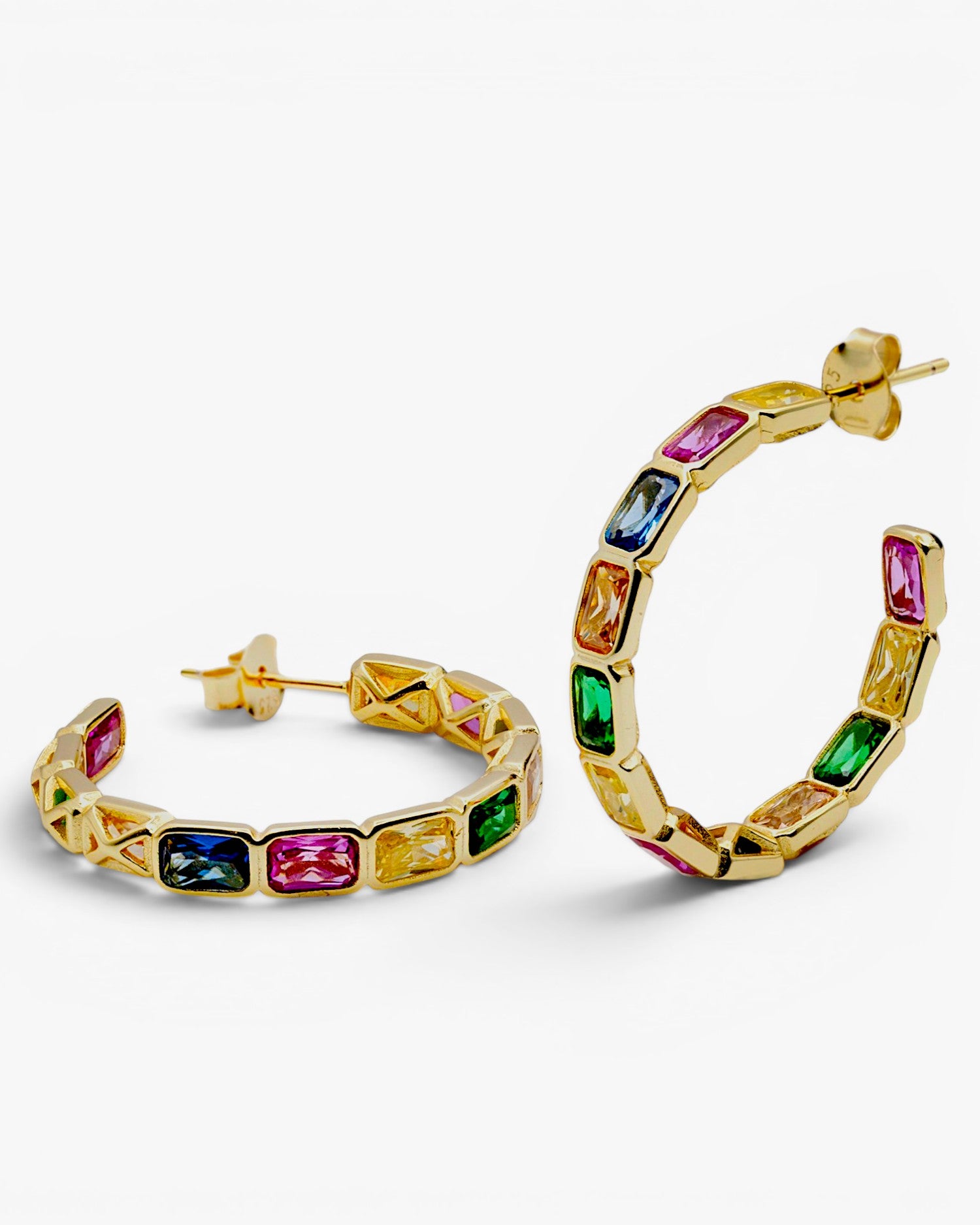 Pendientes aros de plata con gemas multicolor talla esmeralda