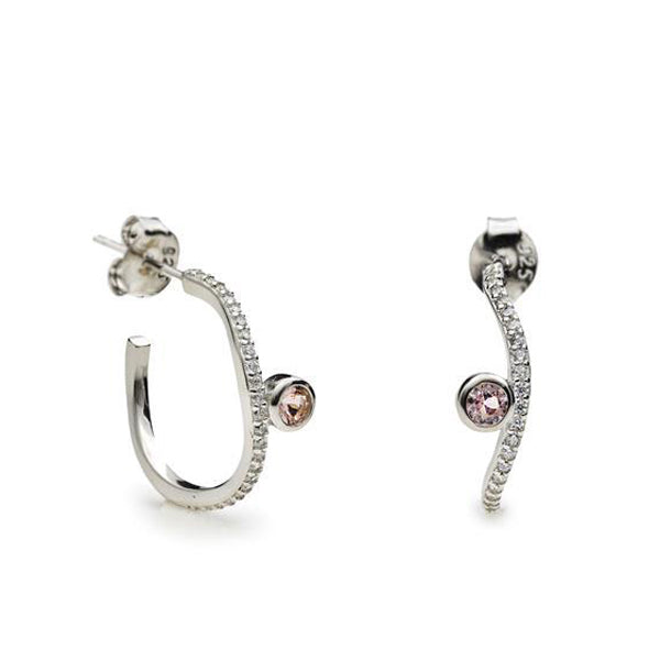 Pendientes aro de plata con circonitas y piedra rosada
