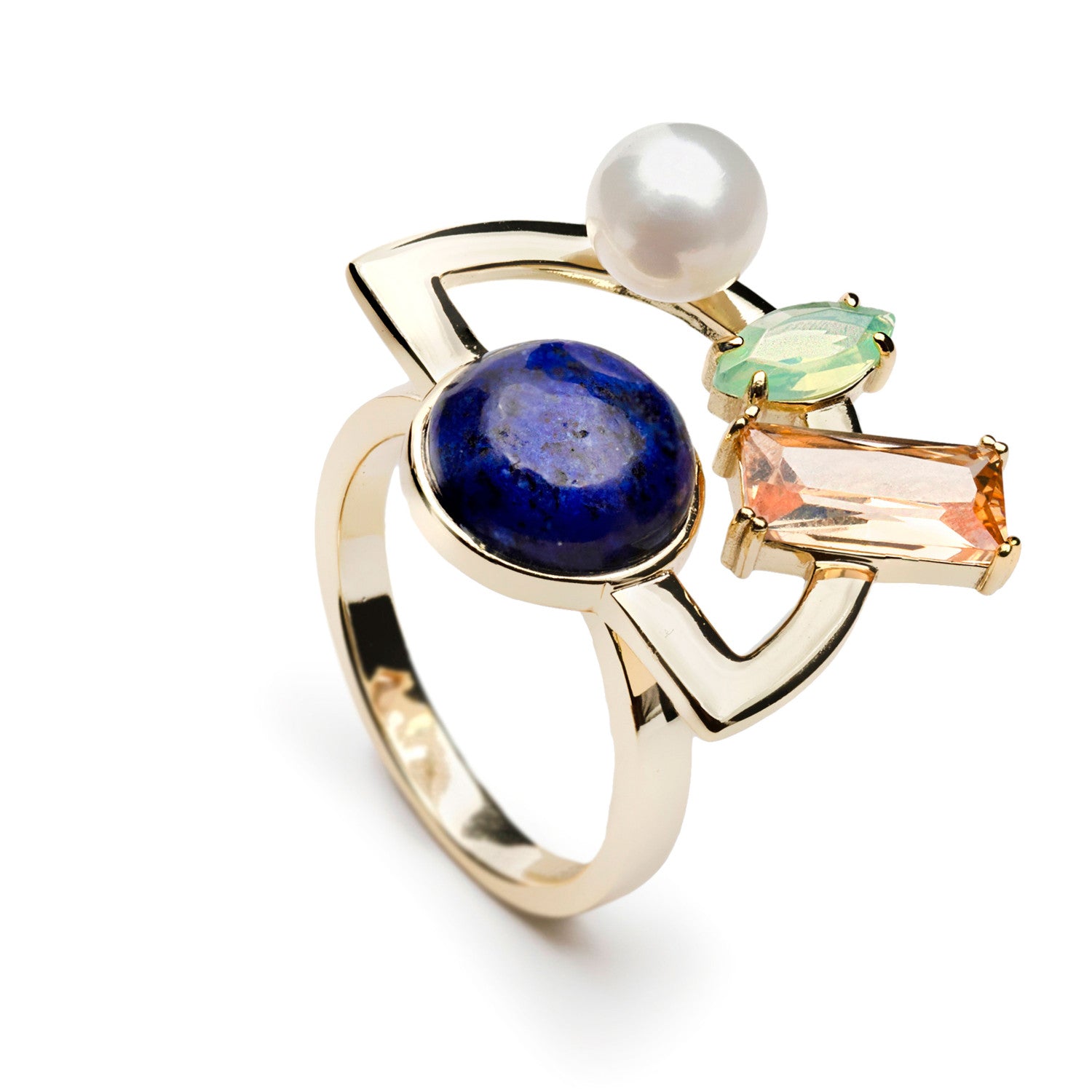 Gold ring with multicolored stones and pearl