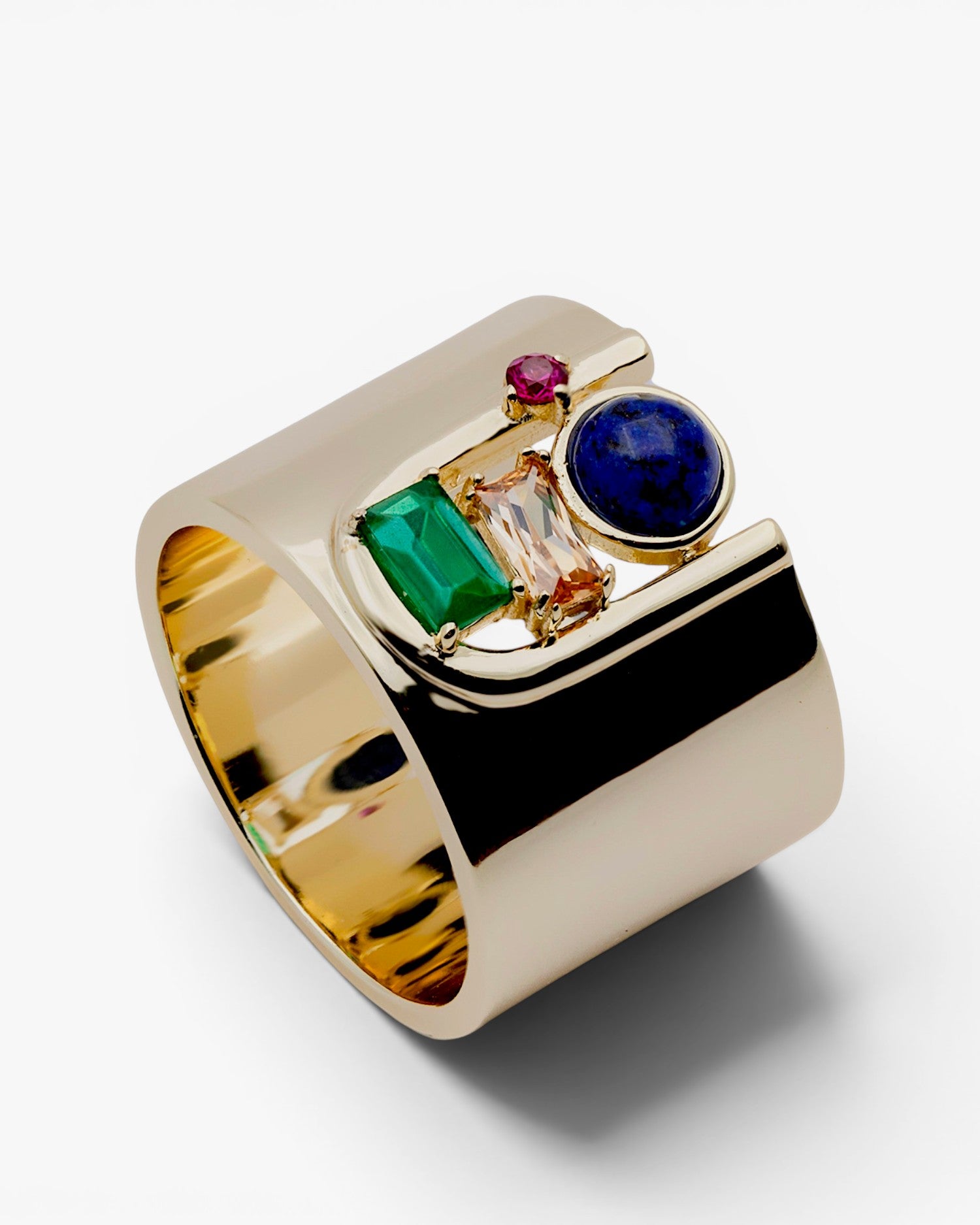 Anillo de diseño ancho estilo vanguardista con gemas
