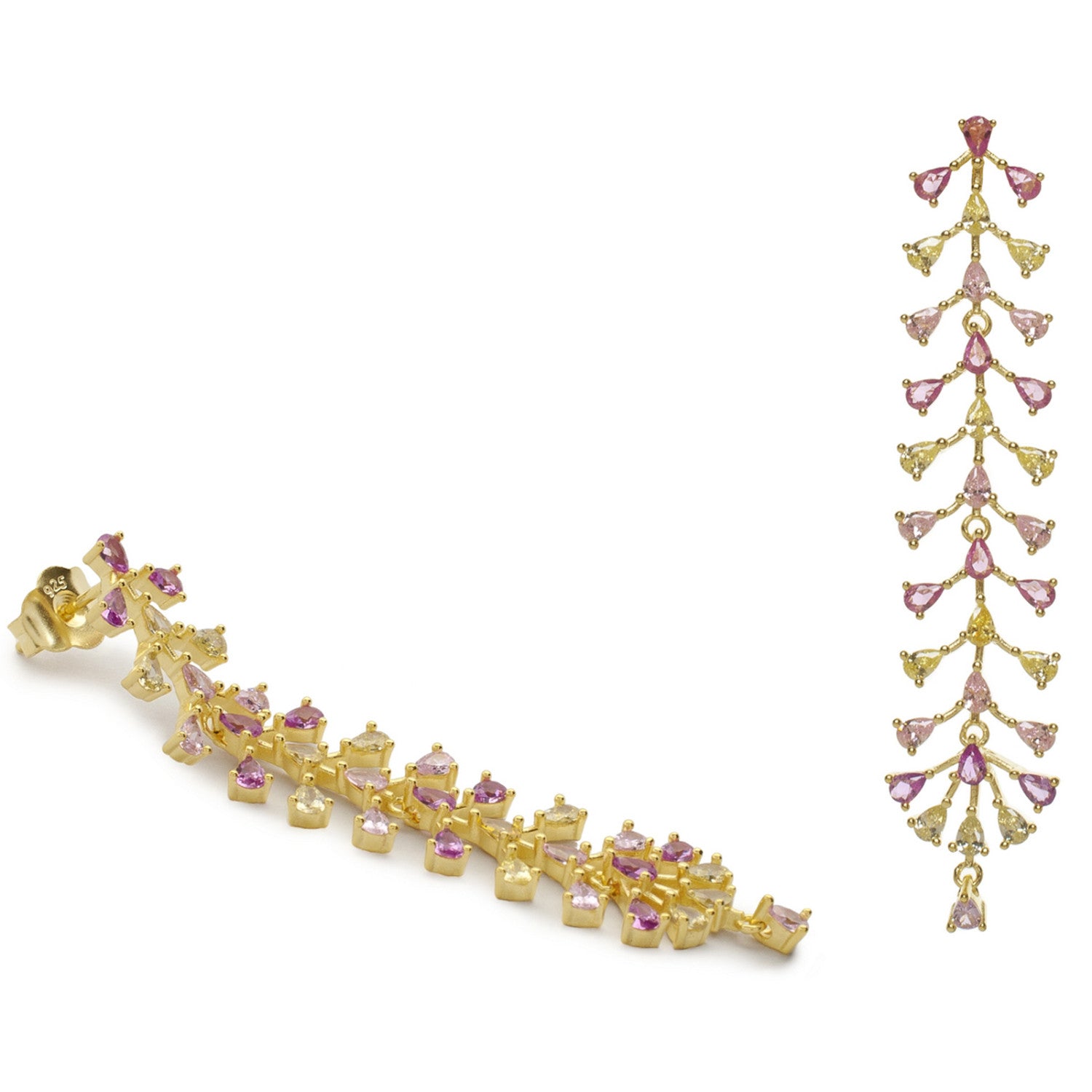 Pendientes largos con piedras tono rosa y amarillo