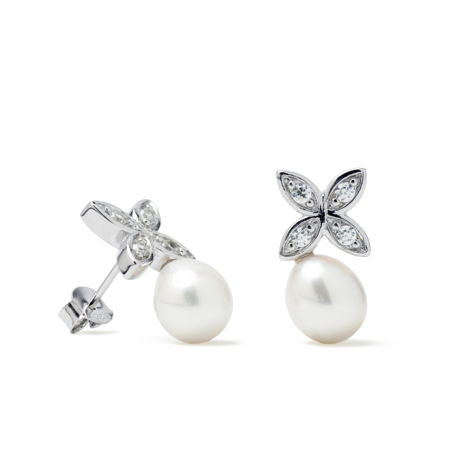 Pendientes de plata con perla blanca y flor de circonitas