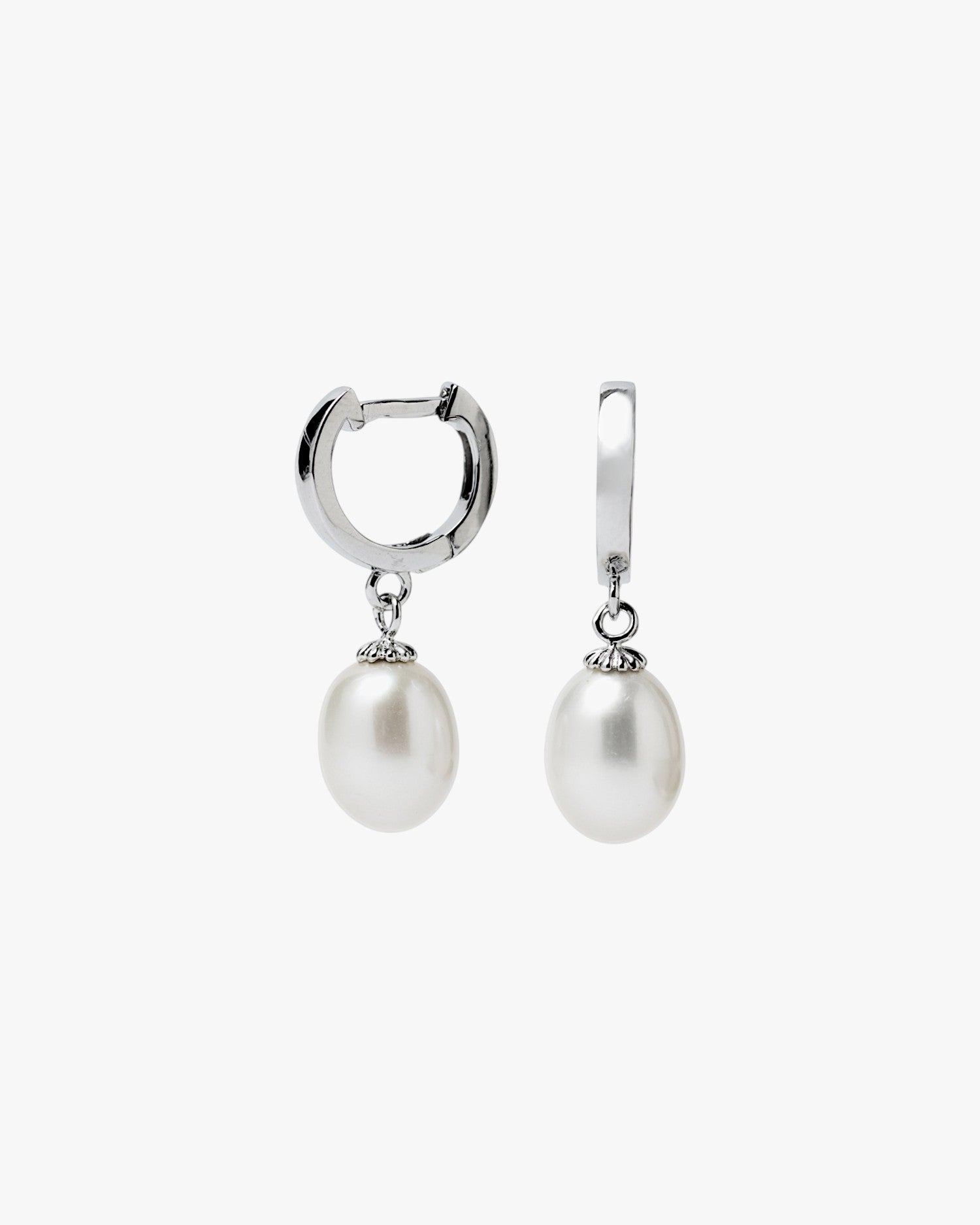 Silver hoop earrings with dangling pearl