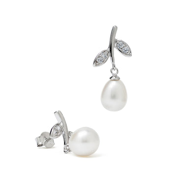 Pendientes de plata con perla blanca y hojas de circonitas
