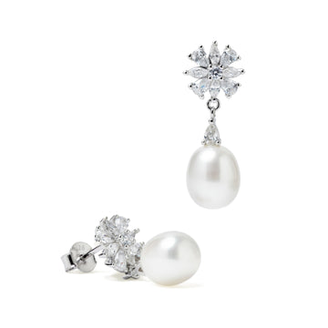 Pendientes de plata con perla blanca y flor de circonitas tipo lágrima