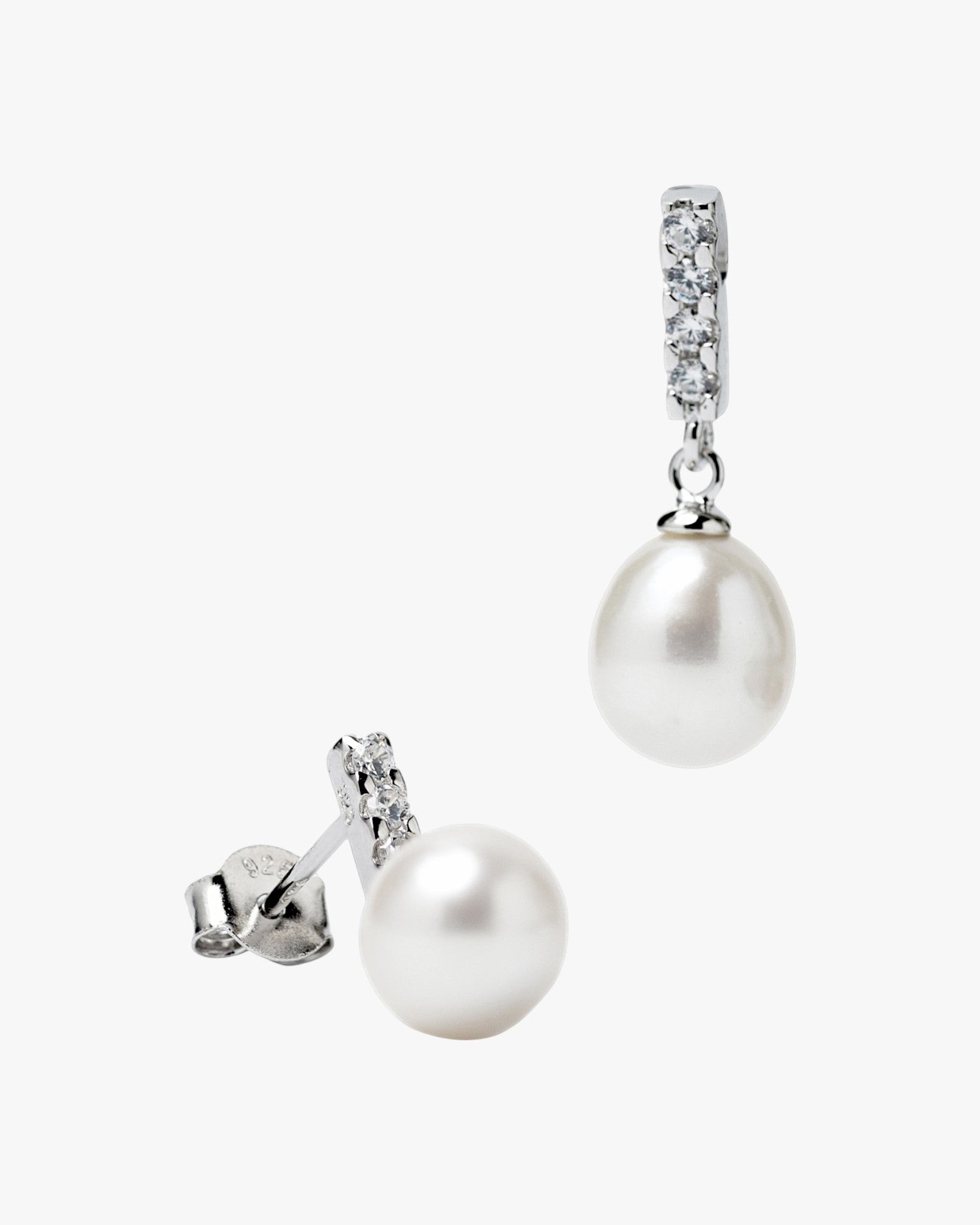 Pendientes de plata con perla blanca y barra de circonitas