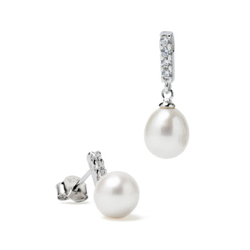 Pendientes de plata con perla blanca y barra de circonitas