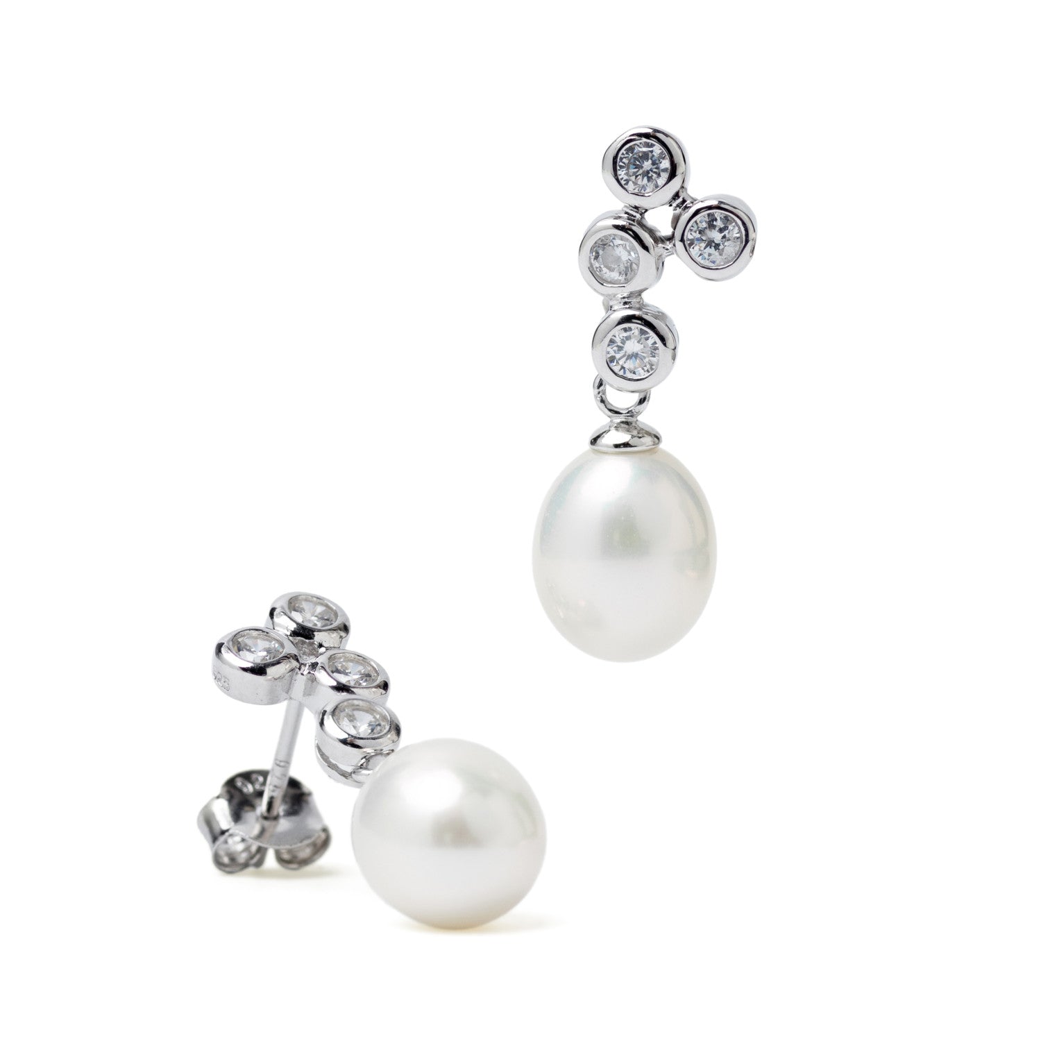 Pendientes de plata con perla blanca y circonitas en engaste redondo