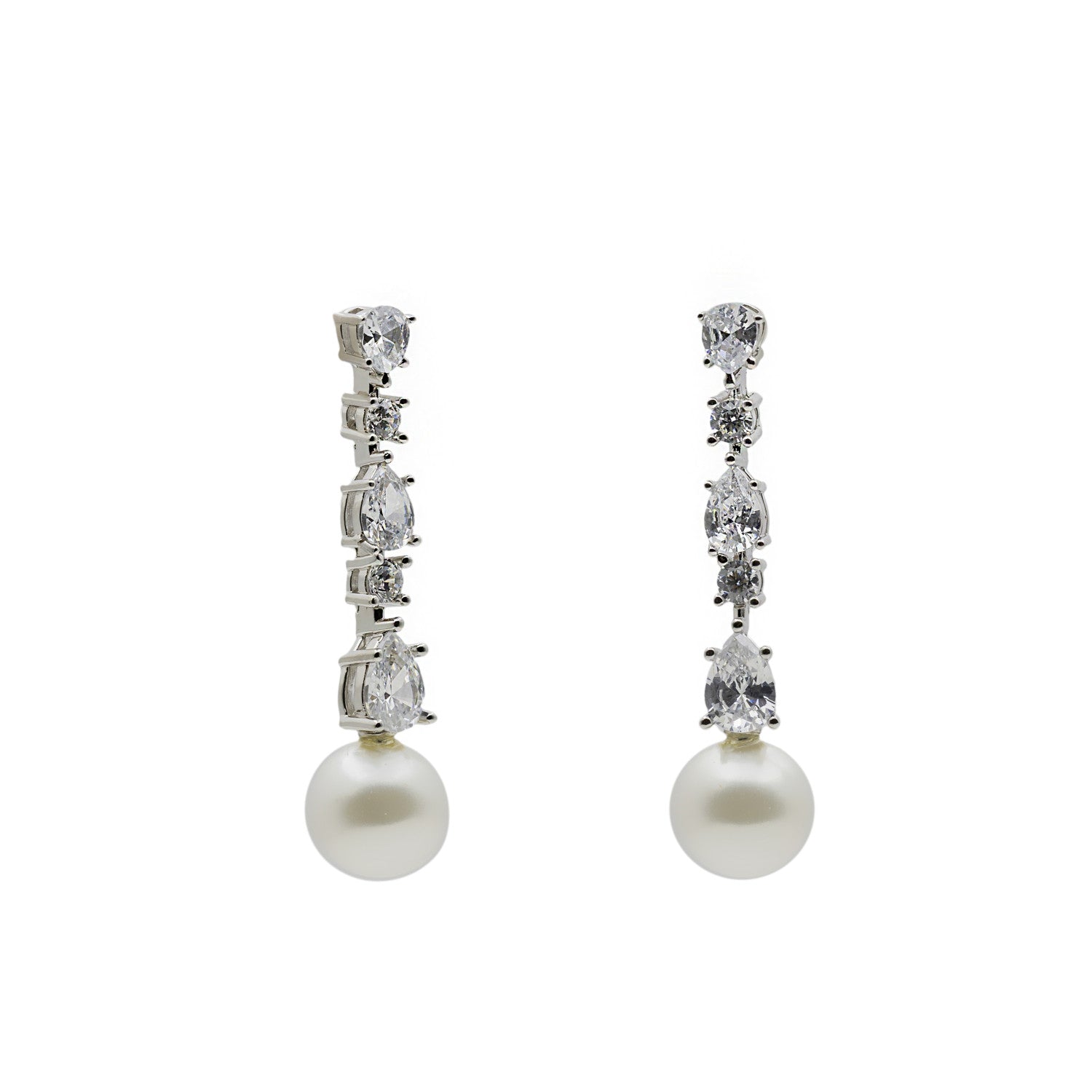 Silver pearl earring with cubic zirconia, long design
