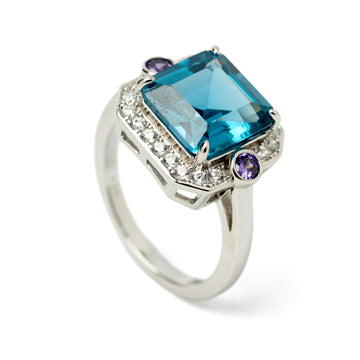 Rings with aquamarine and amethyst stones